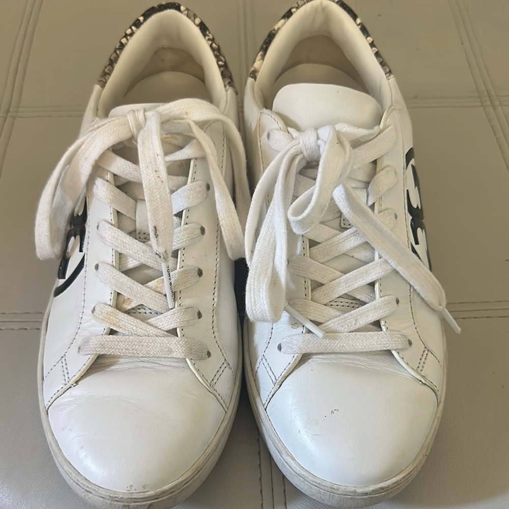Tory Burch White Leather Sneakers with Black Logo